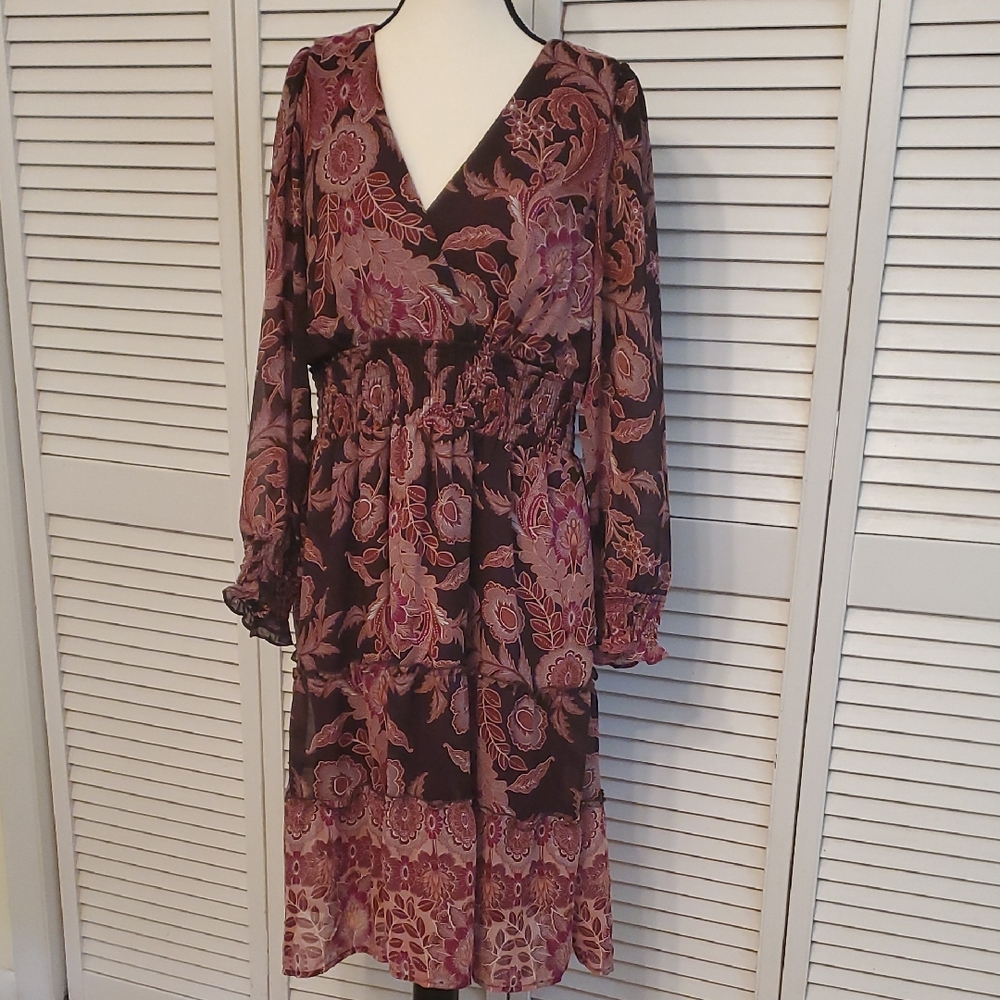 Chris McLaughlin Y2K Fall Long  Sleeved Sheer Floral Midi Dress, Size 12